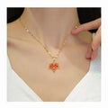 Luxury Maple Leaf Banquet Wedding Necklace Celebrity Red Crystal Rhinestone Titanium Stainless Steel Chain Pendant Necklace
