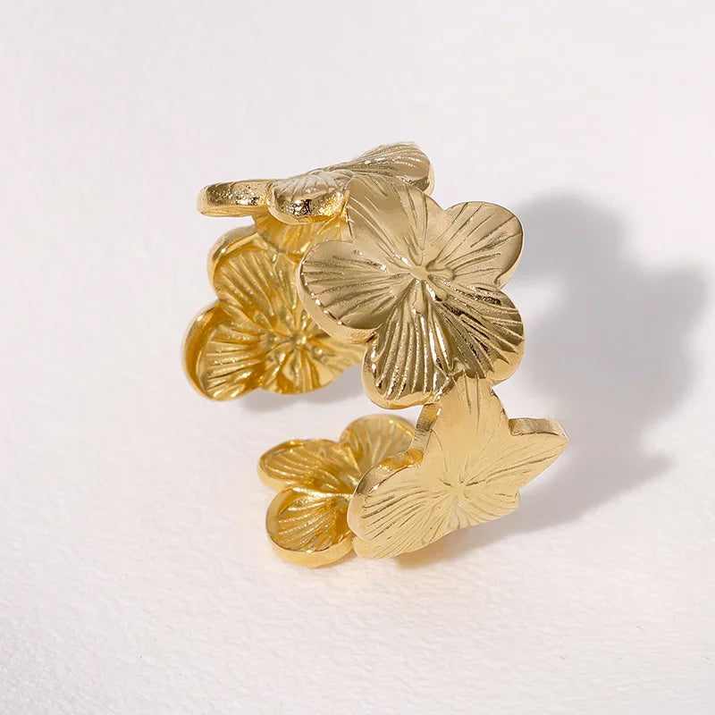 Adjustable PVD Stainless Steel 18k Gold Plated Flower Finger Rings Set for Women