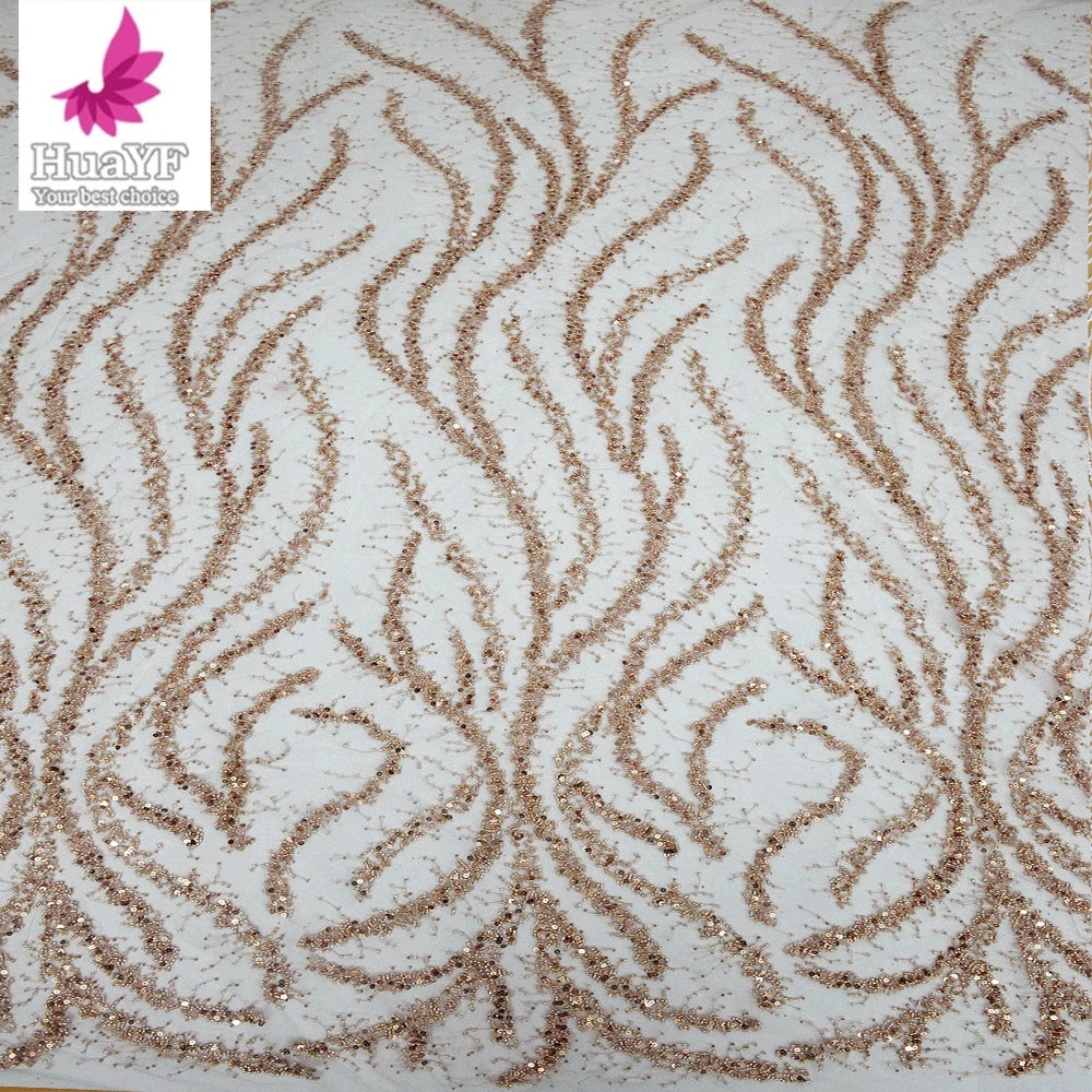 HY2223  African 3D Pearl Rose Gold Sequin Lace Fabric With Beads Fashionable Ladies Evening Dress Decoration Material