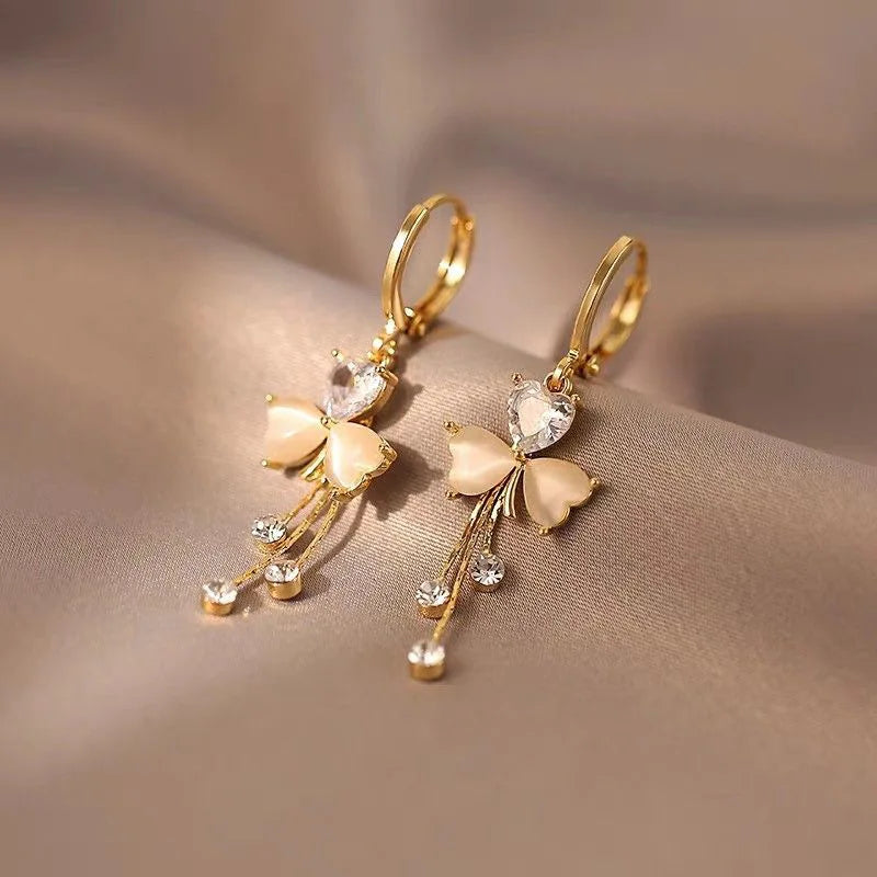 Light Luxury Clover Opal Earrings Drop Hoop Long Earrings Gold Plated Heart Crystal Charm Earrings for Women