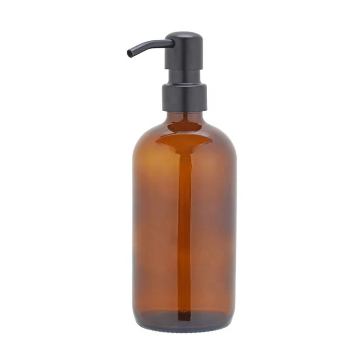 Hot Sale Amber Glass Bottle 500Ml Glass Dispenser Pump Bottle Stainless Steel Lotion With Matte Black Color Pump