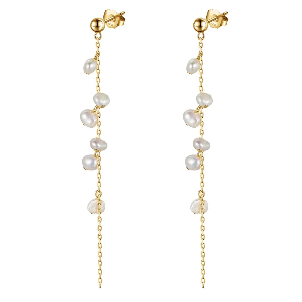RINNTIN GPE08 Handmade Personality Branch Tassel Earings 925 Sterling Silver 14k Gold Plated Cultured Pearl Earrings for Women