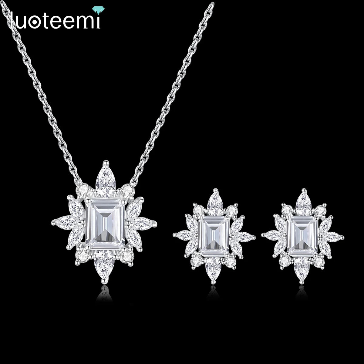 LUOTEEMI New Design Cubic Zirconia Geometric Flower Clear CZ Earrings Necklace Jewelry Sets