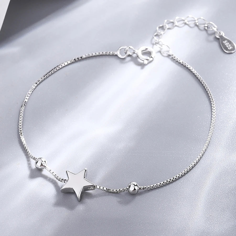 Simple 925 Sterling Silver Star Charm Bracelet Women Five-Pointed Star Box Chain Silver Rhodium Plating Engagement Anniversary