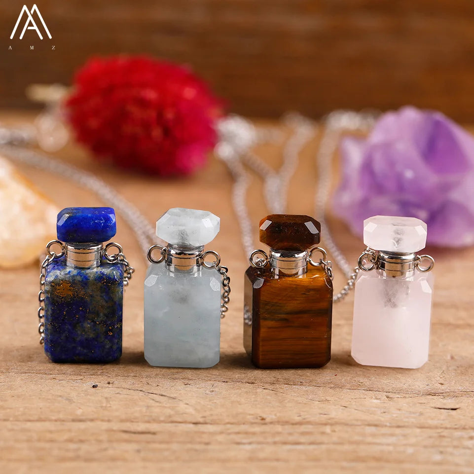 Silver Stainless Steel Perfume Bottle Necklace Healing Crystal Real Natural Stone Essential Oil Vial Pendant