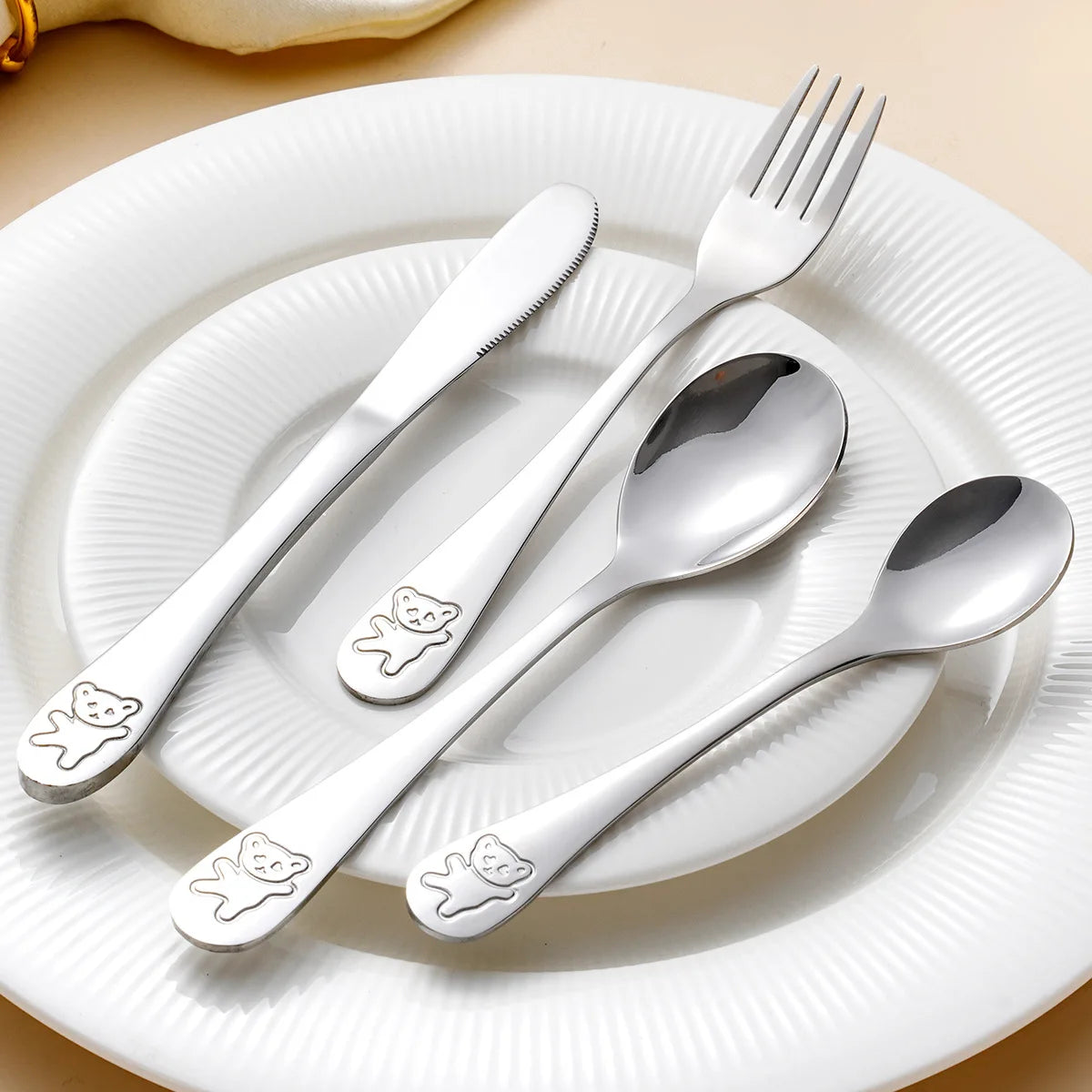Cute Bear Stainless Steel Children's Cutlery Set Silver Knife Fork Spoon Cartoon Spoon Handle Silverware Cutlery Set
