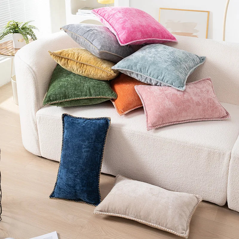 Hot Selling Hot Selling Throw Pillow Cases Cotton Thread Stitching Edges Solid Dyed Soft Chenille Cushion Covers for Couch Sofa