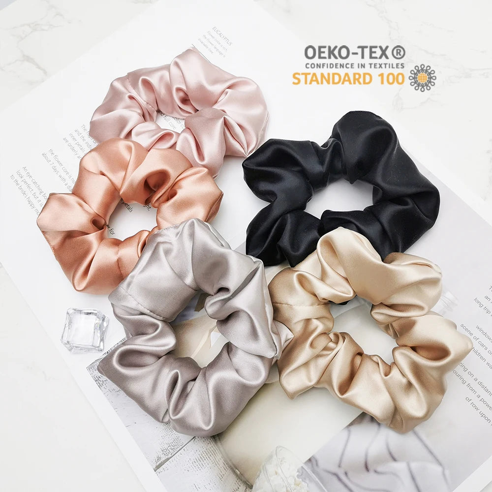 Custom 5CM Mulberry Silk Scrunchies Hair Elastics Bands Hair Ties Silk Satin Scrunchy Hair Accessories Women Girls
