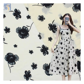 Valentine's Day Design New Arrival Sheer Organza Fabric with Black Flocked Floral Pattern Organza for Ladies