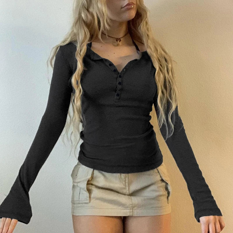 Vintage Fairycore Y2k Tops Tee Aesthetic Button up Retro Grunge Clothing Solid Casual 90s Slim Women Swear Shirts