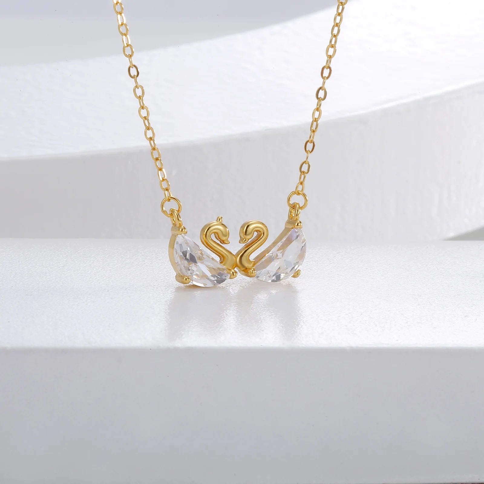 Merryshine 18K Gold Plated  925 Sterling Silver Designer Fine Jewelry Zircon Two Swan Pendant Necklaces for Women