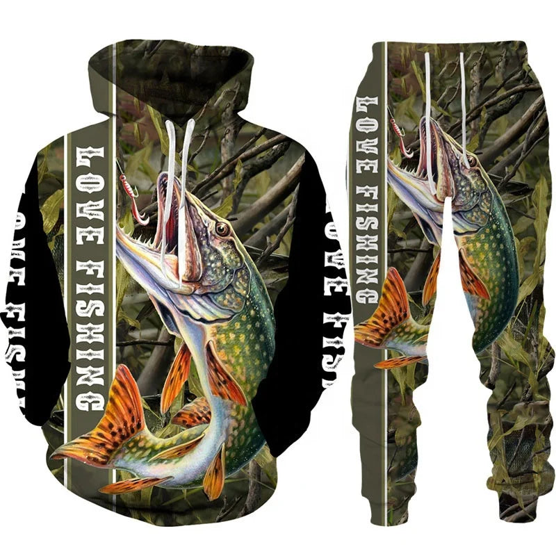 Novelty 3d Fish Printed Men Women Hoodie/pants/suit Harajuku Camo Fishing Hunting Camping Clothes Fashion Outdoor Sportswear Set