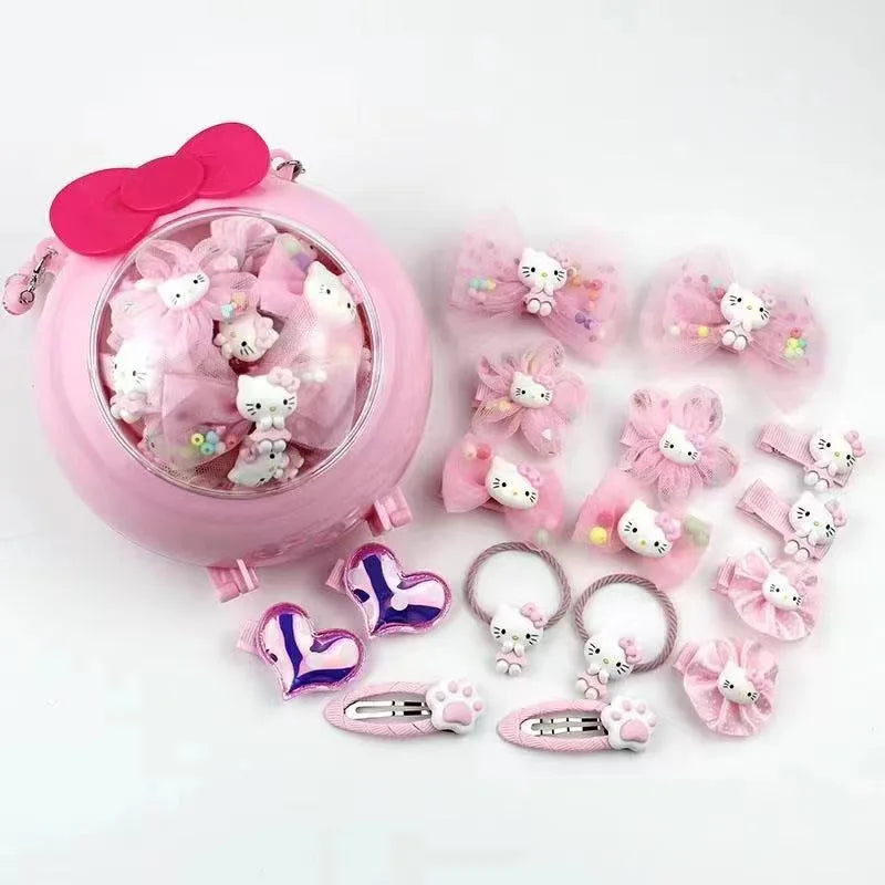 MIO Sweet Girls Kids Hair Accessories Set Bag Cartoon Cat Hair Clip Bow Hairpin Hair Ties Mini Cute Princess Pink Shoulder Bag