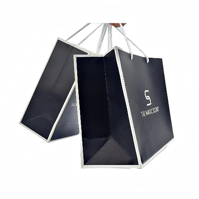 Luxury Shopping Tote Black Gift Paper Bags Glossy Printed Custom Your Brand Logo Clothing Products Packaging Bag with Handle