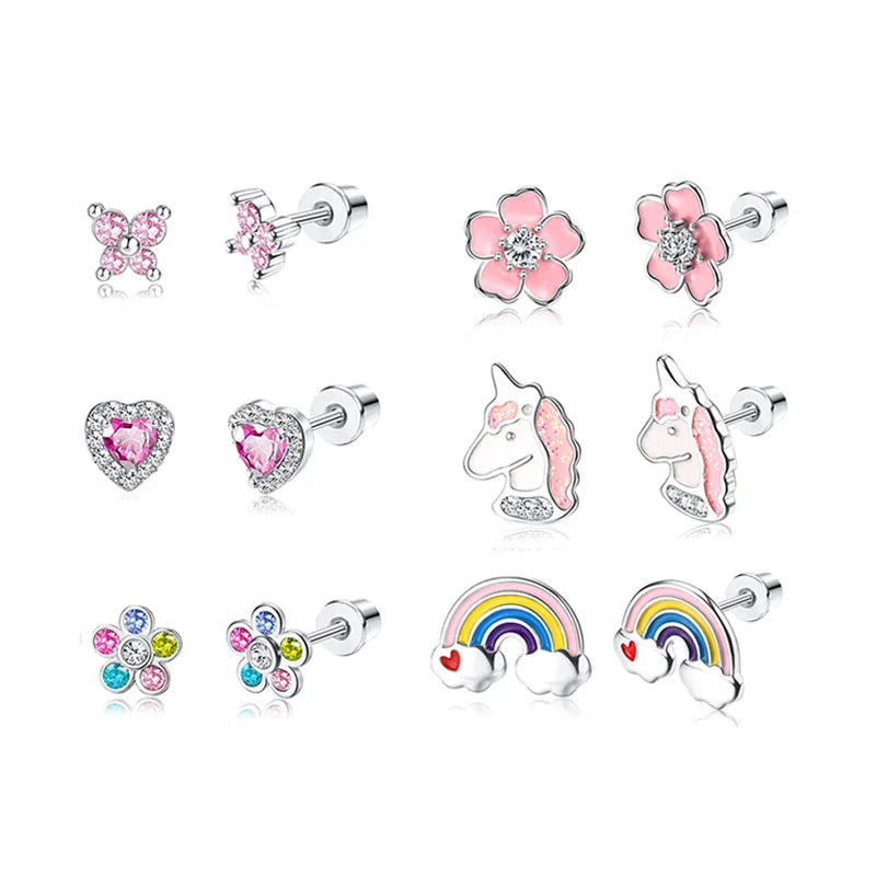 316L Stainless Steel Screw Back Earrings with Tiny CZ Heart Rainbow Flower Unicorn Cute Hypoallergenic Studs for Weddings