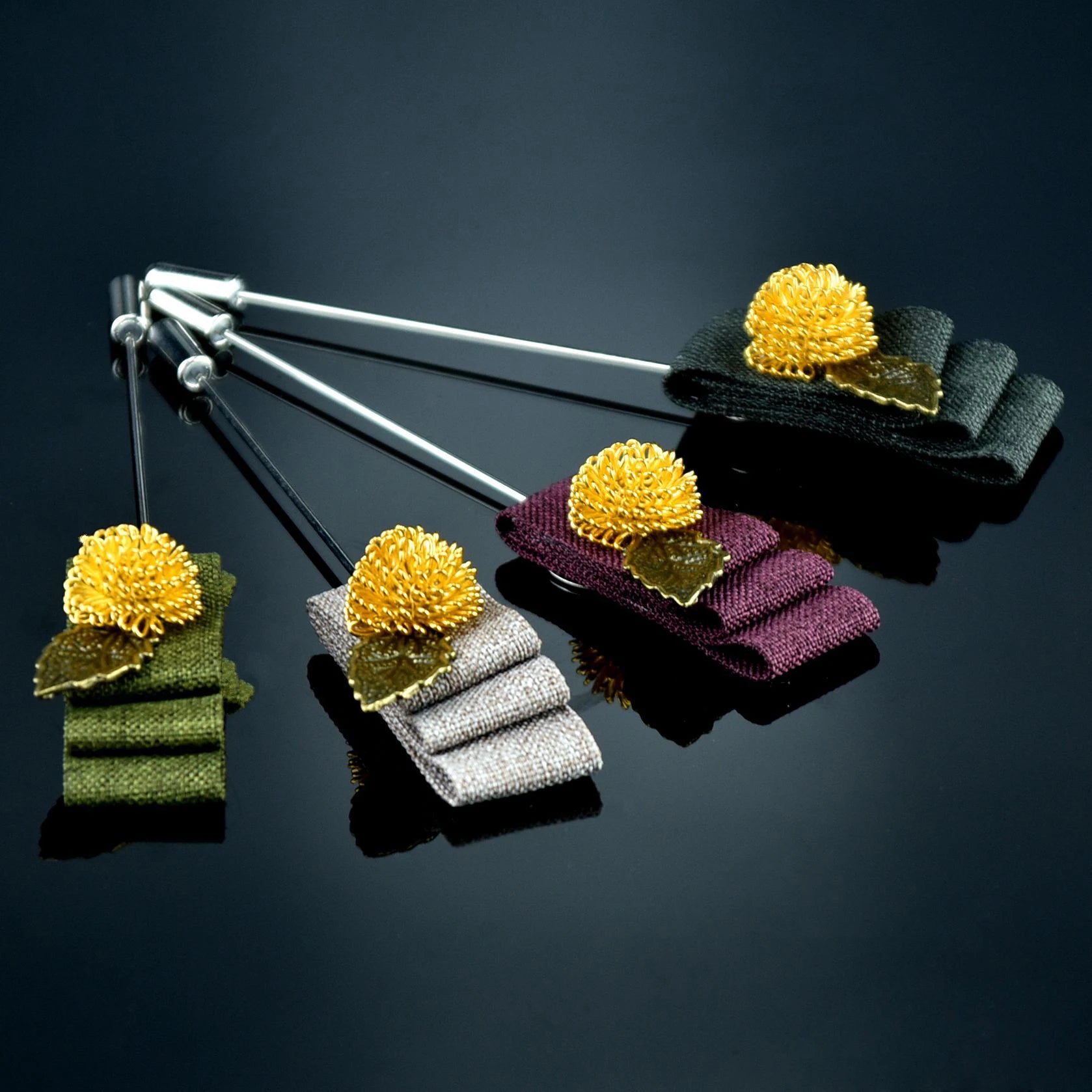 Handmade Cloth Art Flower Leaf Brooch Long Needle Lapel Pin Suit Shirt Corsage Wedding Collar for Men Women Accessories