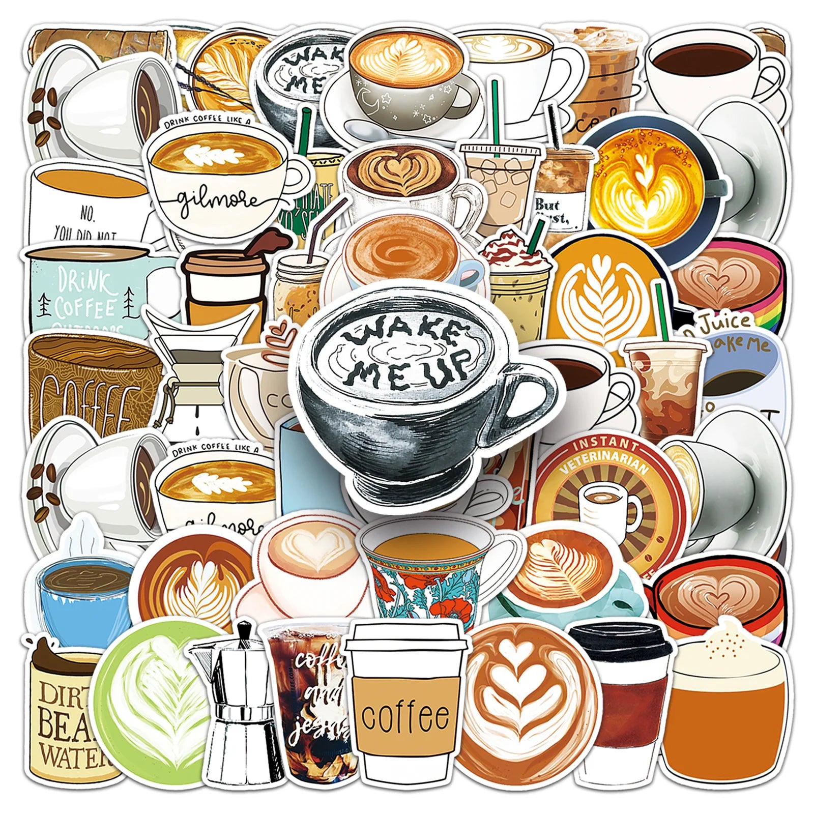 50 Pcs DIY Personalized Coffee Graffiti PVC Self Adhesive Stickers for Draw bar Box Guitar Cupboard Suitcase and Books