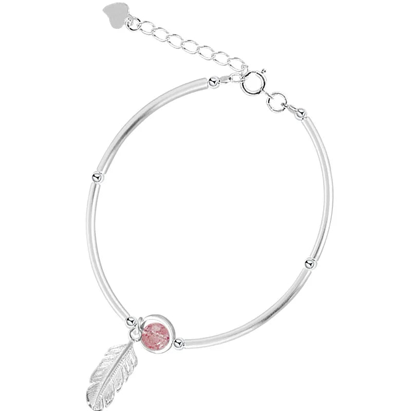 925 Silver Fashion Bracelet for Women New Trend Strawberry Crystal Feather Rhodium Plated Cute Style for Gifts and Parties