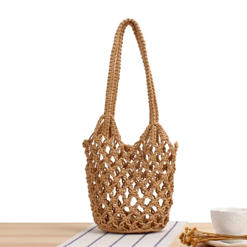2022 Summer New Trendy Cotton Mesh Hollow Out Handbags Mini Shoulder Bag  Small Beach Shopping Bag