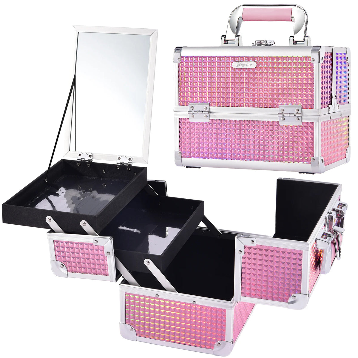 Portable 2-Tray Makeup Train Case Mirror Water Resistant Cosmetic Organizer for Travel Nail Tech Cosmetologist Makeup Boxes