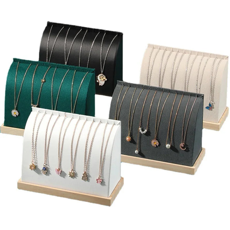 Arc-shape Jewellery Necklace Display White Pu Leather Bracelet Wooden Base Stand Cambered Pendant Chain Holder Display