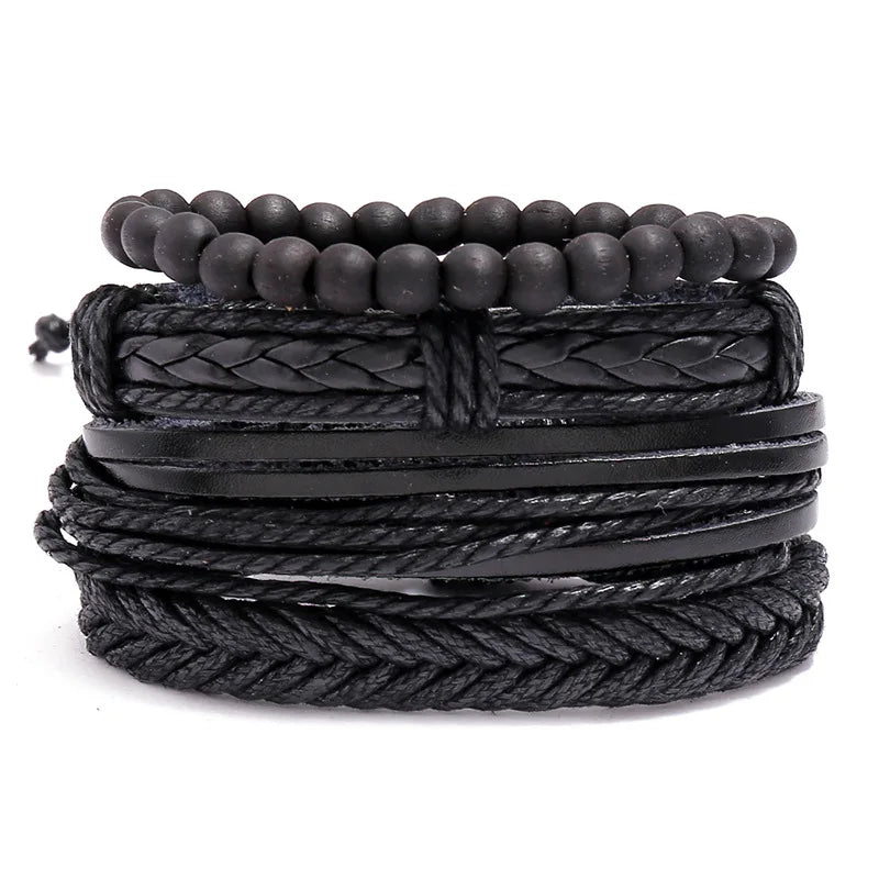 Manufacturer Wholesale Handmade Woven Vintage Unisex Wrap Bracelets DIY 4Pcs/Set Combination Multilayer Leather Gift