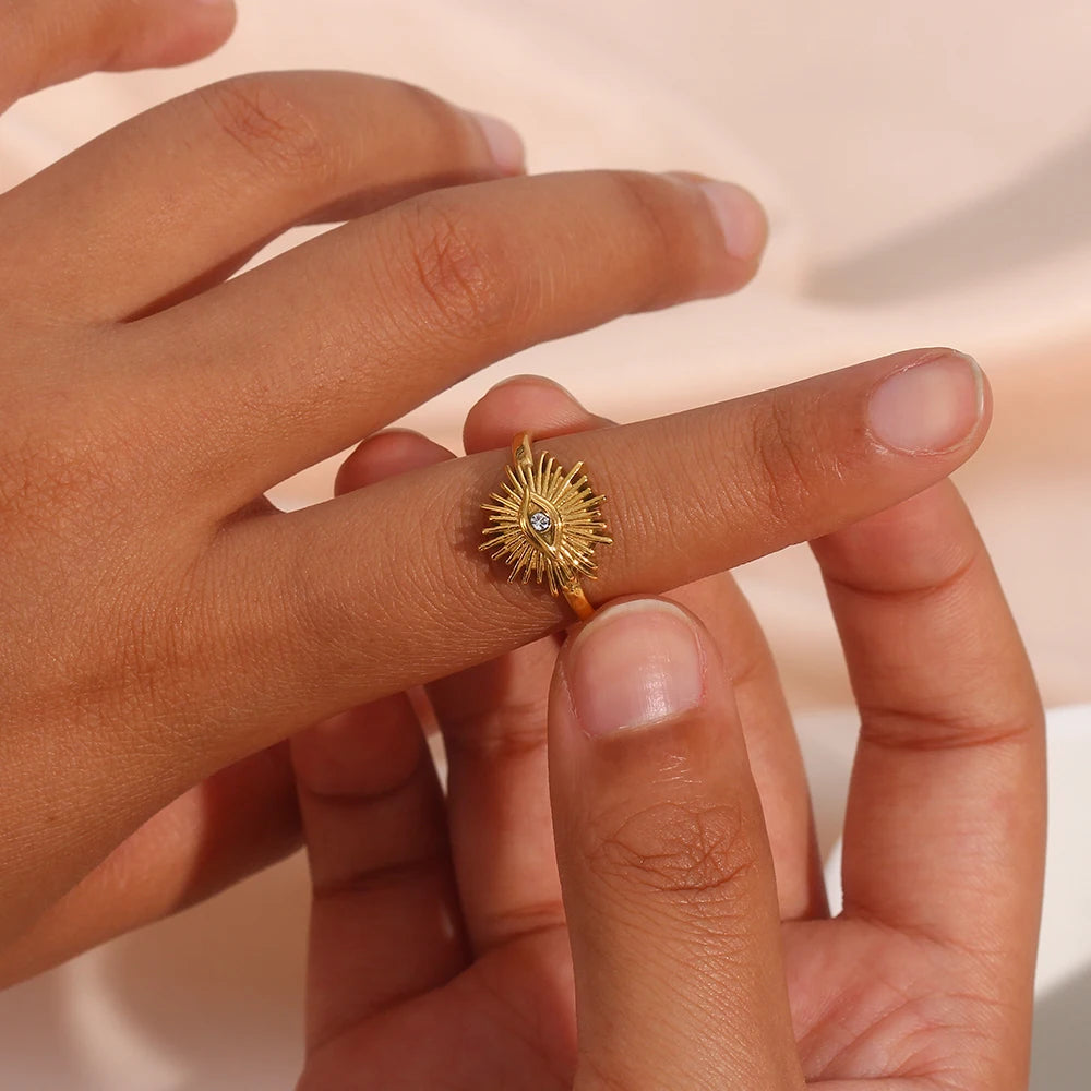 Vintage Stainless Steel Jewelry 18K Gold Plated Sun Eye Evil Cubic Zirconia Diamond Open Ring Adjustable for Women