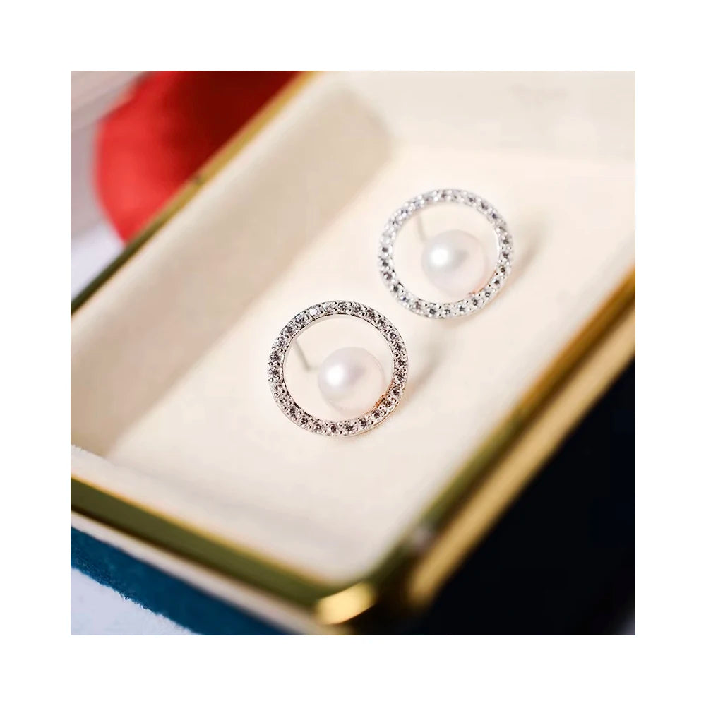 Fine Jewelry 6-6.5mm round Pearl Stud Earrings 925 Silver with Zircon Luxurious 6-6.5mm 925 Silver Jewelry Zircon Earrings
