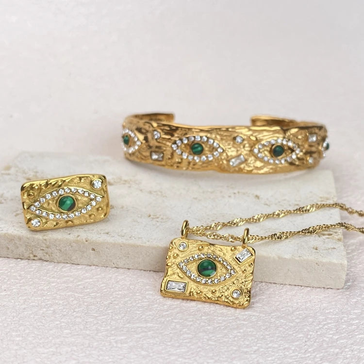 Fashion Fine Jewelry Stainless Steel 18K Gold Plated Turquoise Stone Devils Eye with Diamond Bangle Ring Pendant Necklace