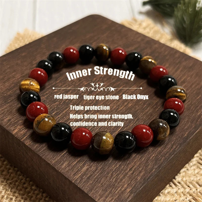 Inner Strength Manifestation Crystal Bracelet 8 mm Round Red Jasper Tiger Eye Black Onyx Inner Strength Bracelet Spiritual Gift