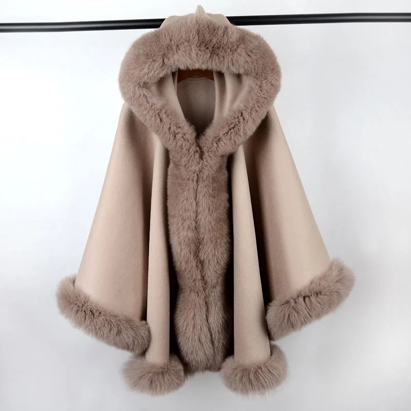 OFTBUY 2023 New Casual Loose Winter Popular Pullover Hooded Cloak Real Fox Fur Collar Natural Wool Cashmere Blends Waterproof