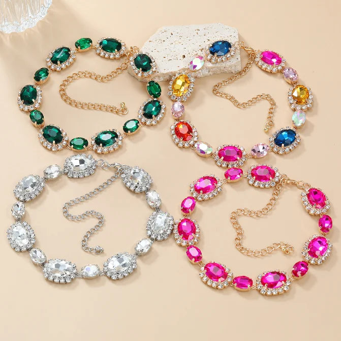 Luxury Fashion Pink Rhinestone Glass Drill Chain Choker Necklaces Earring Set for Women Geometric Crystal Necklaces Wed Jewelry