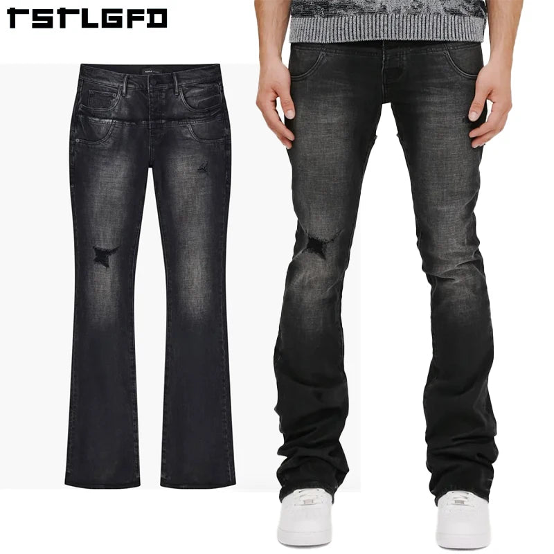 Vintage Washed Denim Jeans Distressed Layered Denim Pants Custom Double Waist Slim Flared Distressed Jeans