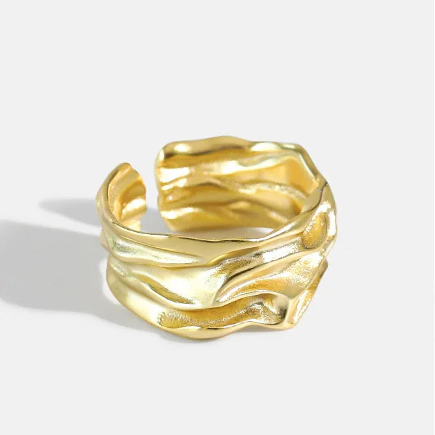 18K Gold Plated S925 Sterling Silver Fashion Design Irregular Fold Texture Irregular Open Adjustable Ring for Women
