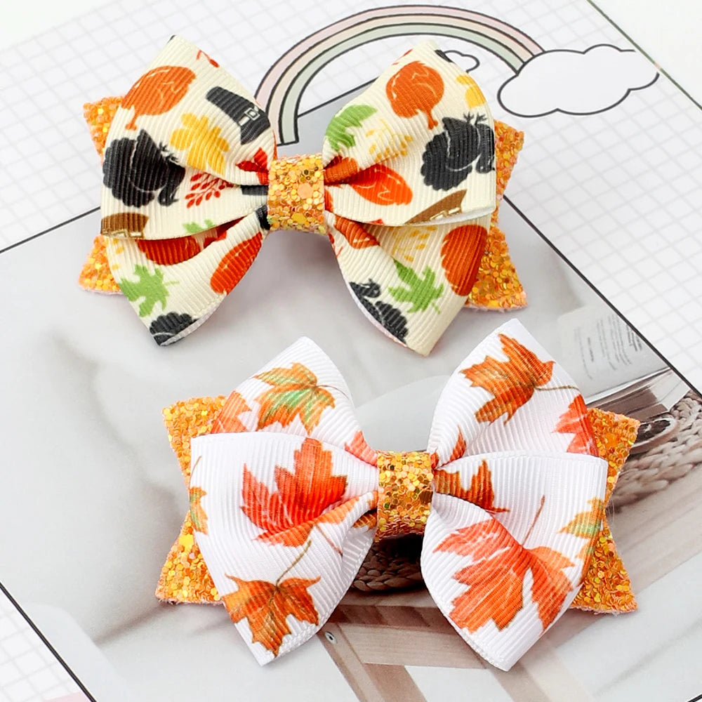 3 Inch Turkey Printed Ribbon Glitter Hair Bows for Girls With Clips Fall Thanksgiving Day Hair Accessories