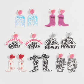 Best-selling Western Cowboy Free Girl Howdy Retro Leopard Print Cowboy Hat Mirror Boots Hip Hop Letter Acrylic Drop Earrings