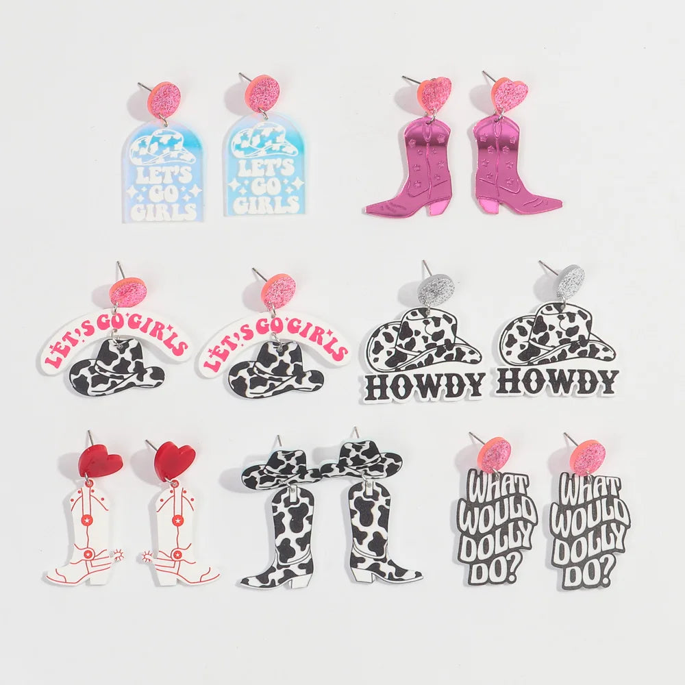 Best-selling Western Cowboy Free Girl Howdy Retro Leopard Print Cowboy Hat Mirror Boots Hip Hop Letter Acrylic Drop Earrings