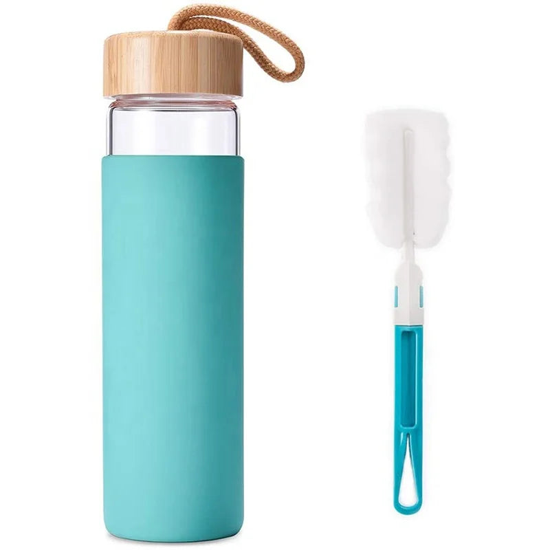 Eco Friendly 500ml Borosilicate Glass Water Bottle with Bamboo Lid and Silicone Sleeve BPA Free