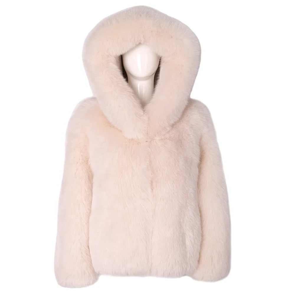 Fur Hooded Custom White Winter Ladies Warm Simplicity Hooded Fox Fur Coat