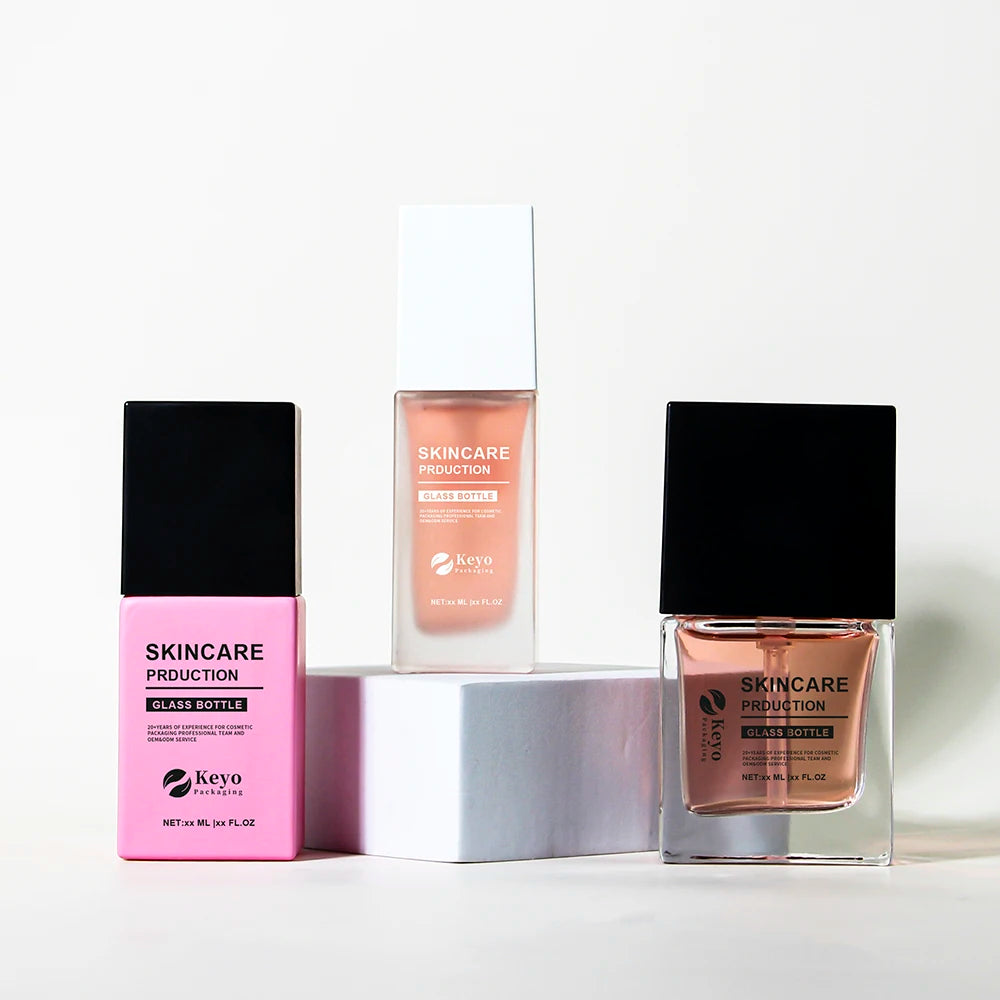 Empty Luxury Square Rectangle 30 Ml Bottle Pump Bottle Makeup Essence Skin Liquid Foundation Glass Cosmetic Screen Printing Keyo
