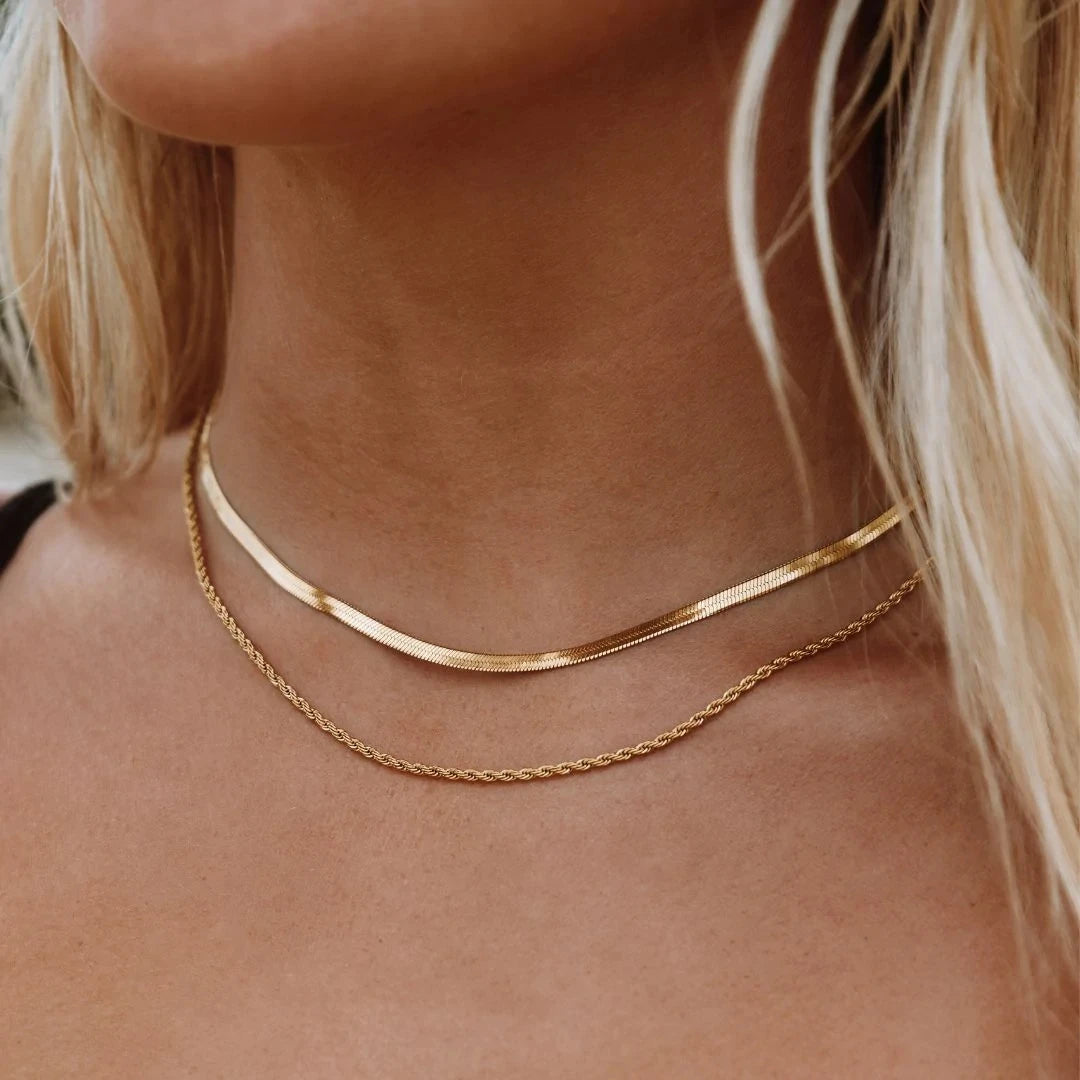 Fashion Charm Stainless Steel Jewelry Thin Double Layered High Polish Flat Herringbone Snake Chain Necklace