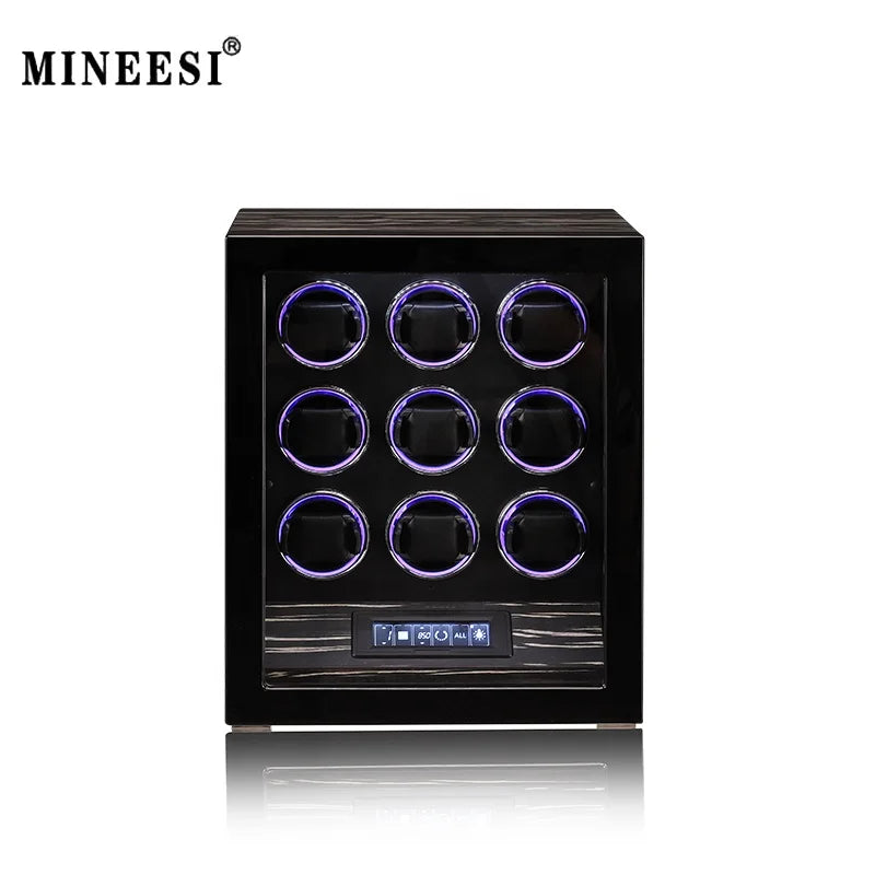 MINEESI 9-Slot Automatic Watch Winder Protective Case Wood Fingerprint Unlock Shaker Mechanical Watches LCD Touch Screen