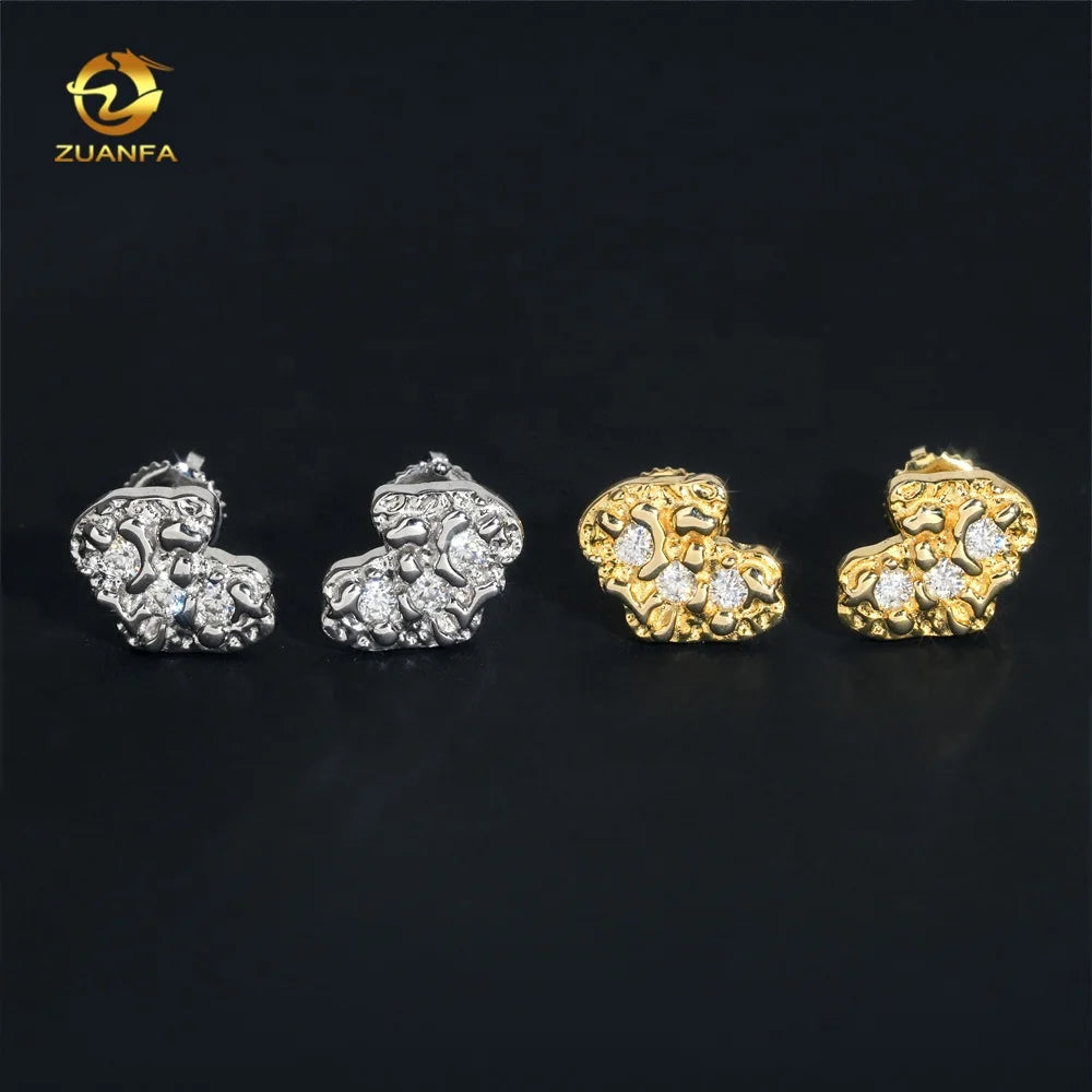 Trendy Pass Diamond Tester Moissanite Hip Hop Iced Out Gold Plated Mens Nugget 925 Silver Earrings