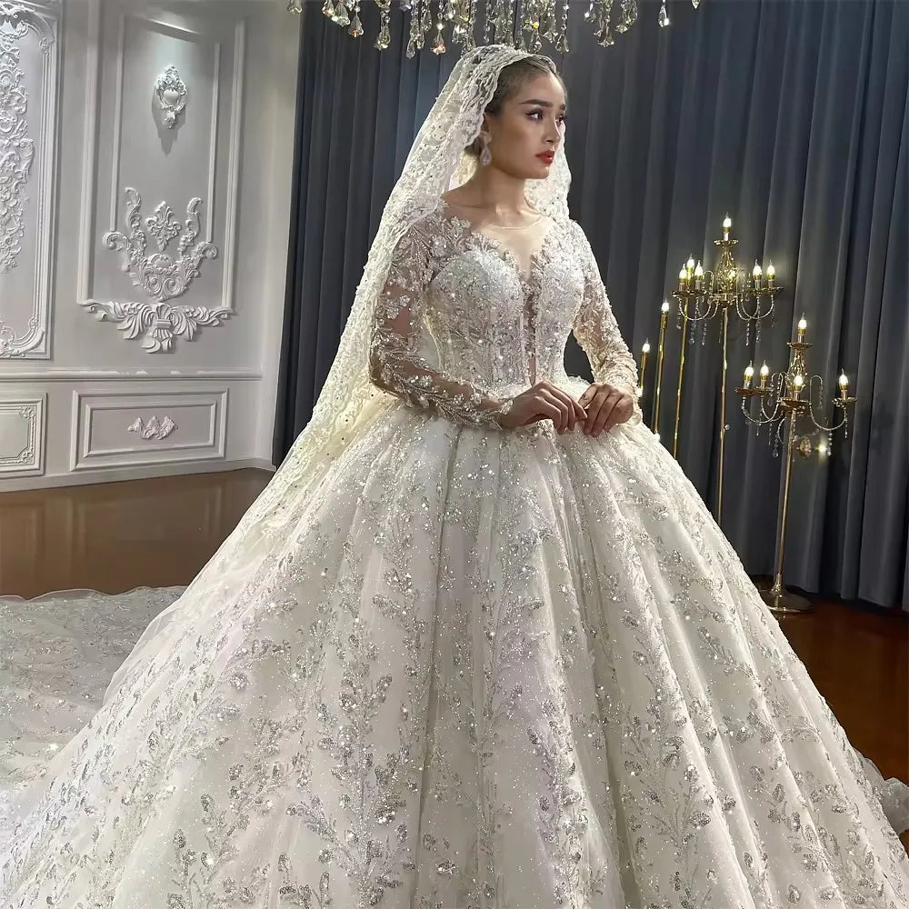 Luxury Vintage Wedding Dresses Elegant Lace Long Sleeve Bridal Gowns Ball Gown Sequins Embroidery Bridal Dress