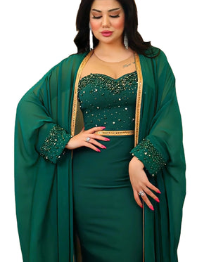 SAQ007 Hot Sale Middle East Cross-border Muslim Abaya Dress Kaftan Set Mesh Studded Beads Two Pieces Dresses Suit Robe Femme