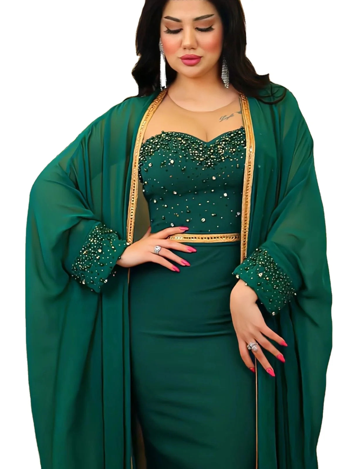 SAQ007 Hot Sale Middle East Cross-border Muslim Abaya Dress Kaftan Set Mesh Studded Beads Two Pieces Dresses Suit Robe Femme