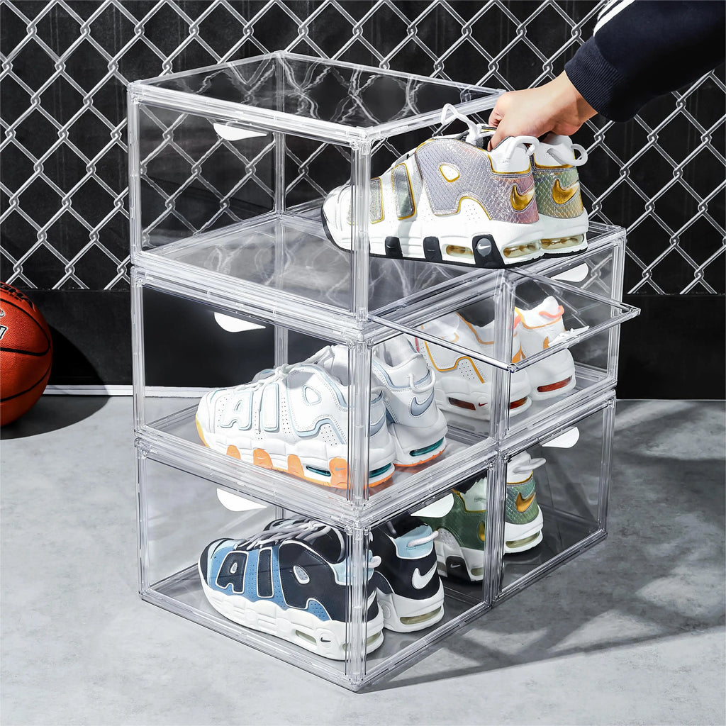 2023 Clear Magnetic Plastic Shoe Boxes Drop Front Custom Sneaker Box Acrylic Stackable Transparent Shoe Storage Box