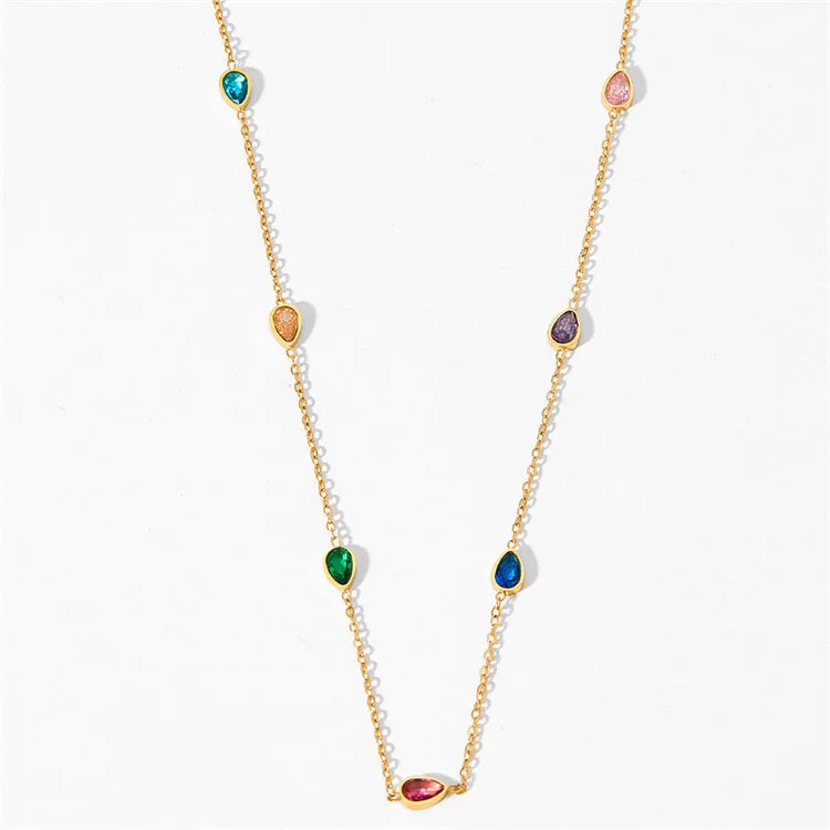 Wholesale No Fade Vintage Stainless Steel Dainty Luxury Colored Tears Water Drop Shaped Zircon Necklaces