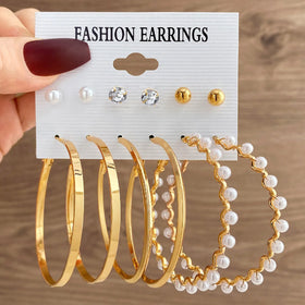 6Paris/Sets Pearl Rhinestone Earring Set Geometric Butterfly Pearl Twist Kit Studs Earring Elegant Inlaid Pearl Hoop Earrings