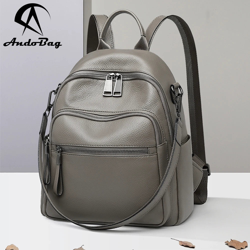 AndoBag Genuine Cow Leather Backpacks for Women Fashion Ladies Backpack Large Capacity Double Zipper Shoulder Bag 8506